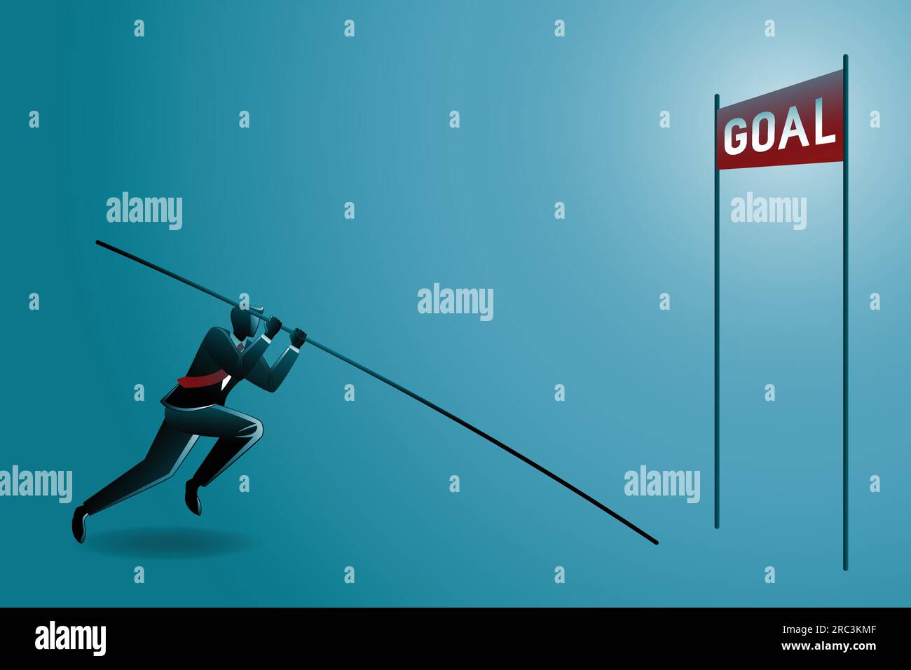 Vector illustration of businessman doing pole vault, ready jumping over