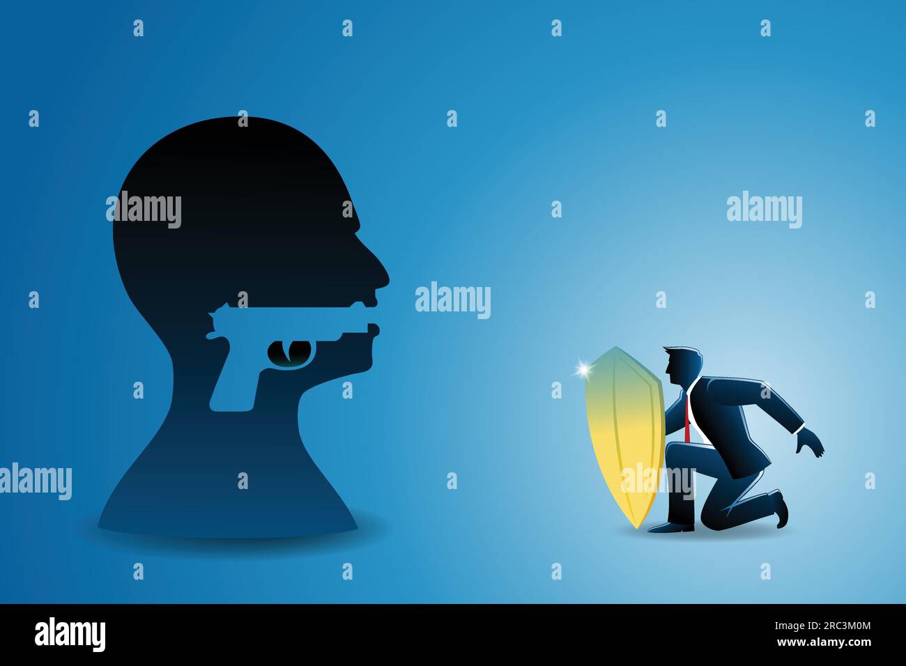 Vector illustration of a businessman holding shield, take cover from