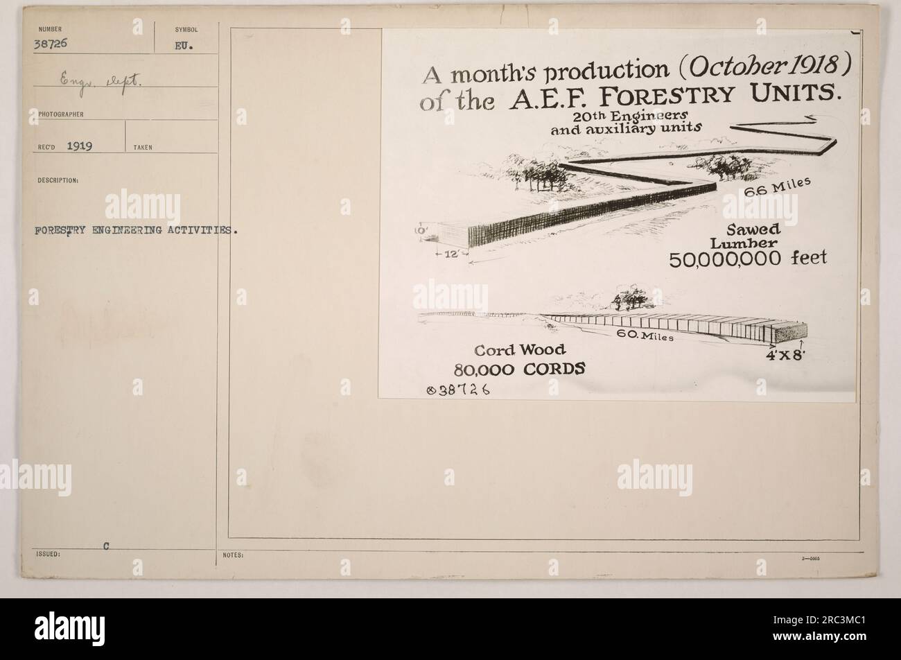A group of soldiers from the A.E.F. Forestry Units are pictured here in October 1918, showcasing their month's production. The 20th Engineers and auxiliary units were involved in forestry engineering activities, producing 80,000 cords of cord wood and 50,000,000 feet of sawed lumber, which spanned across 6.6 miles and 60 miles respectively, at a size of 4'x8' 3-4. Stock Photo