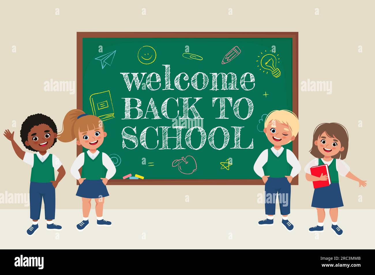 Schoolchildren at the blackboard. Back to school concept. Vector ...