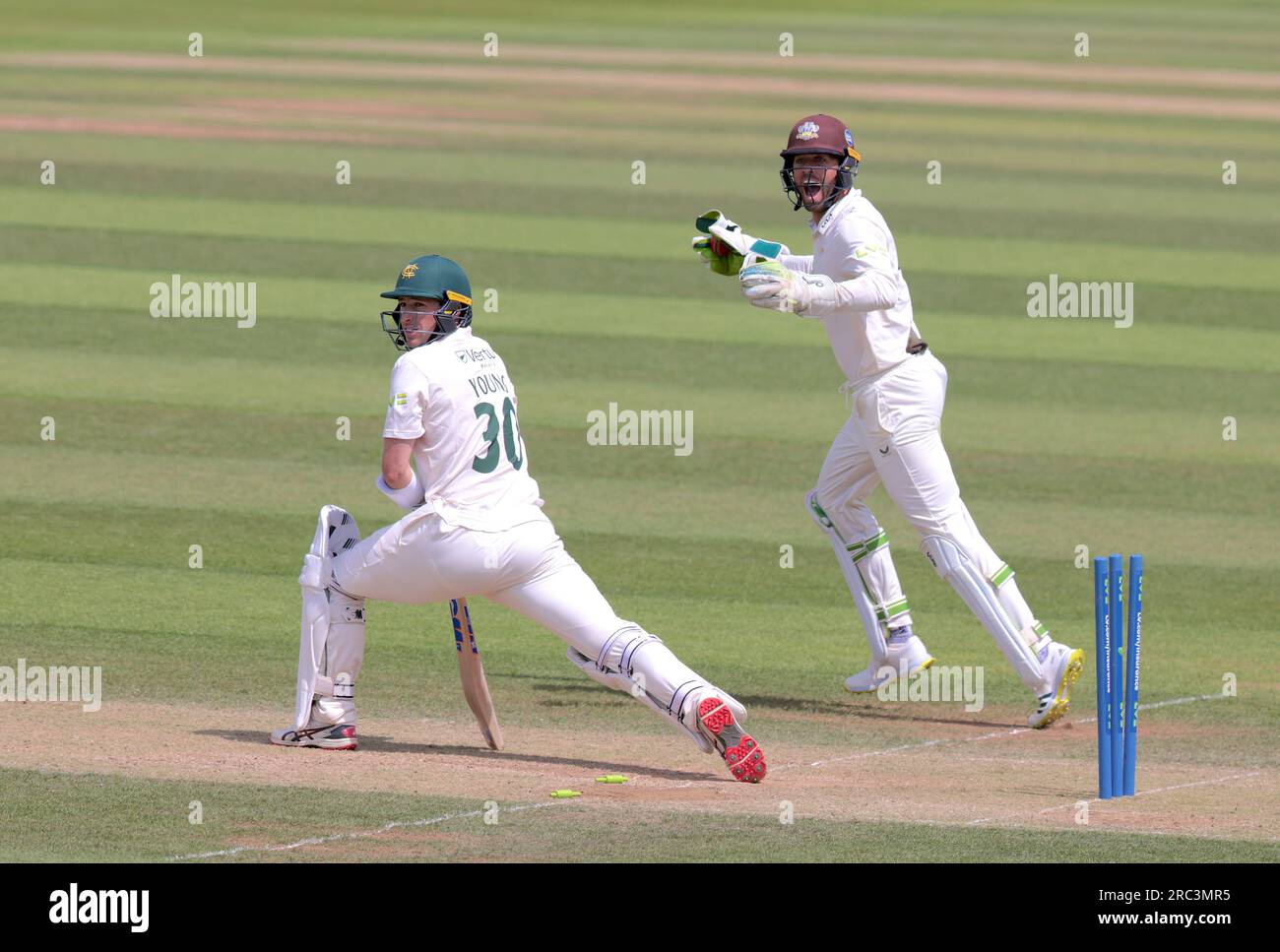 London, UK. 12th July, 2023. All eyes to the square leg umpire and Nottinghamshire's Will Young is stumped by Ben Foakes on 145 off the bowling of Will Jacks as Surrey take on Nottinghamshire in the County Championship at the Kia Oval, day three Credit: David Rowe/Alamy Live News Stock Photo