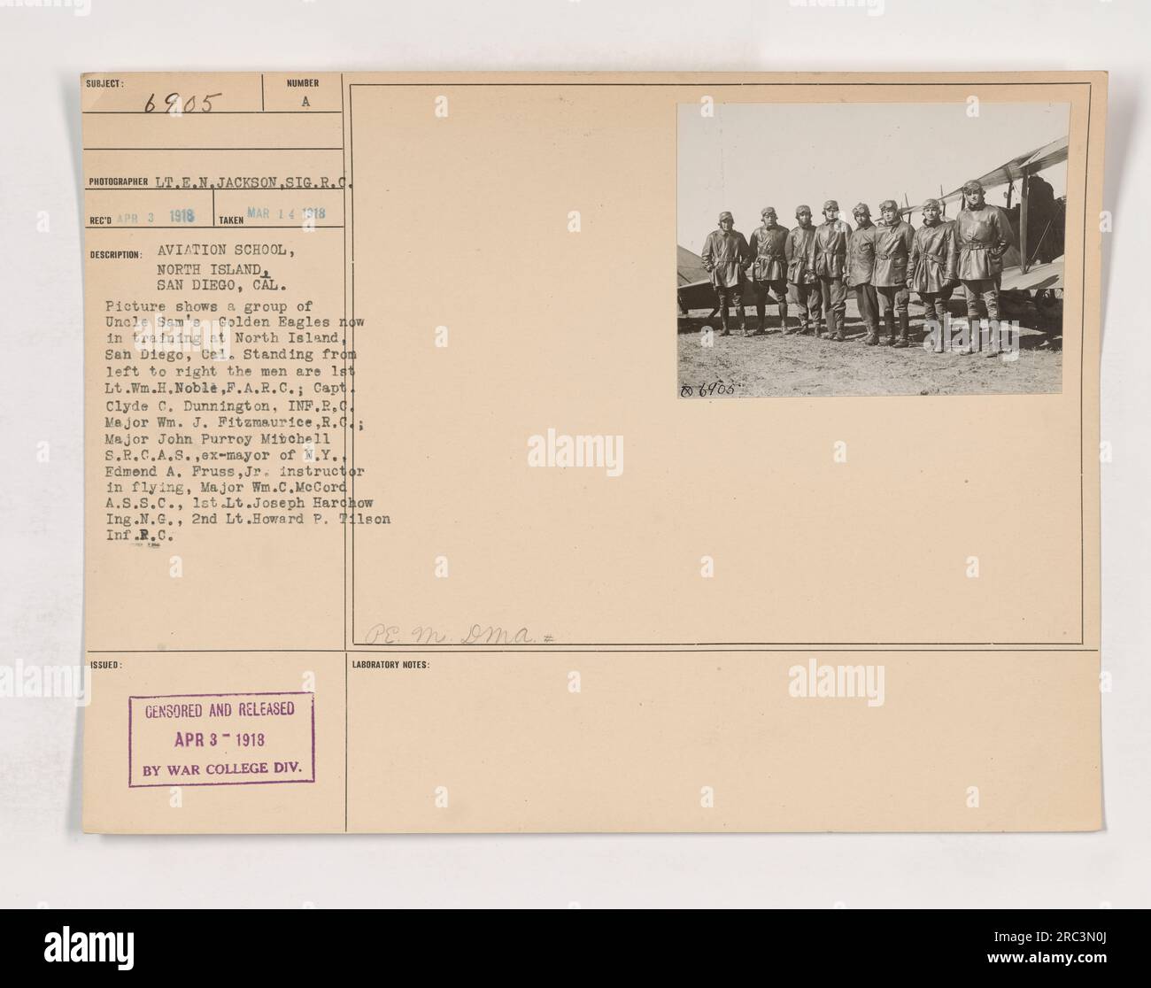 A group of American soldiers, known as Uncle Sam's Golden Eagles, are seen in training at the Aviation School in North Island, San Diego, California. This picture was taken on March 14, 1918, by Lt. E. N. Jackson. The soldiers featured include Lt. Wm. H. Noble, Capt. Clyde C. Dunnington, Major Wm. J. Fitzmaurice, Major John Purroy Mitchell, Edmond A. Fruss Jr., Major Wm. C. McCord, 1st Lt. Joseph Harchow, and 2nd Lt. Howard P. 1son. The image was censored and released on April 3, 1918, by the War College Division. Stock Photo