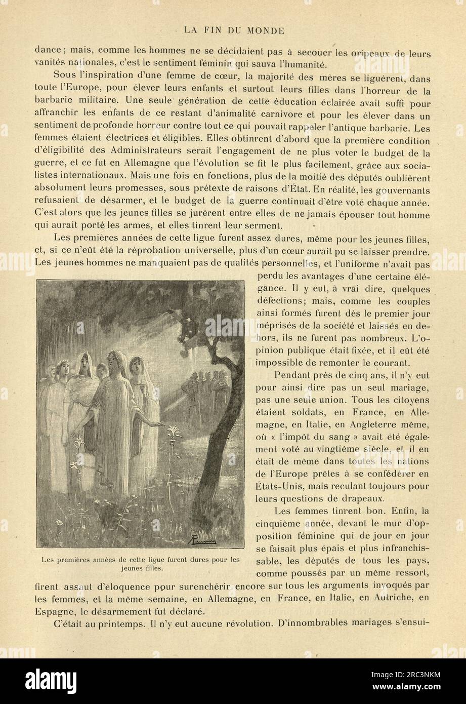 Page from a French Victorian science fiction story, The End of the World, Les premieres annees de cette ligue furent dures pour les jeunes filles Stock Photo