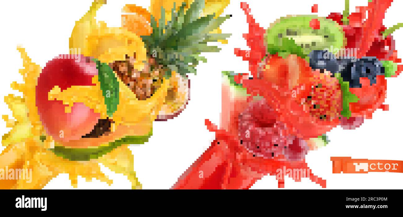 Fruit burst. Splash of juice. Sweet tropical fruits and mixed berries