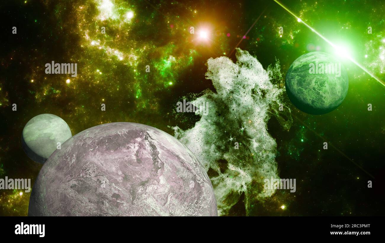 Sci-fi planets, discovery of new worlds, science fiction. Planets and moons of other galaxies and universes. Fantastic worlds. Nebulae and stars Stock Photo