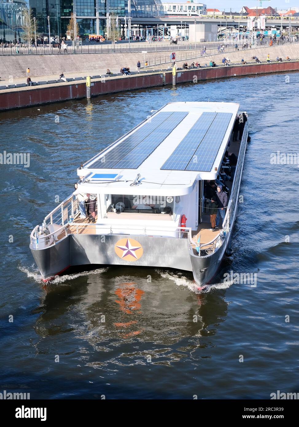 Berlin, Germany, April 6, 2023, solar catamaran Suncat 120 of Stern und Kreisschiffahrt on the river Spree in front of the main station. Stock Photo