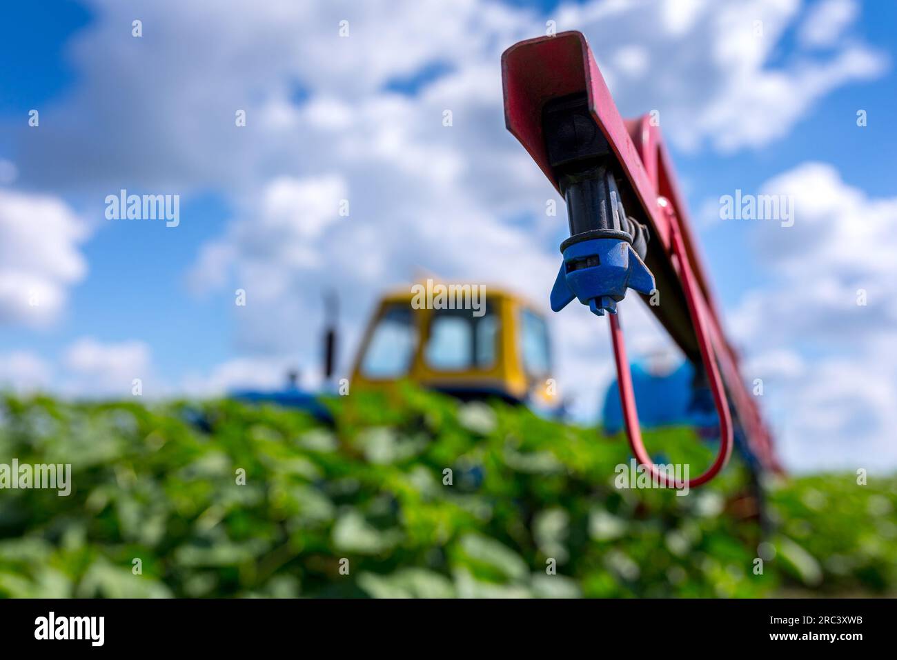 An old farm tractor painted in yellow-blue color with a trailed sprayer with tank capacities is preparing to spray a crop protection product on a fiel Stock Photo