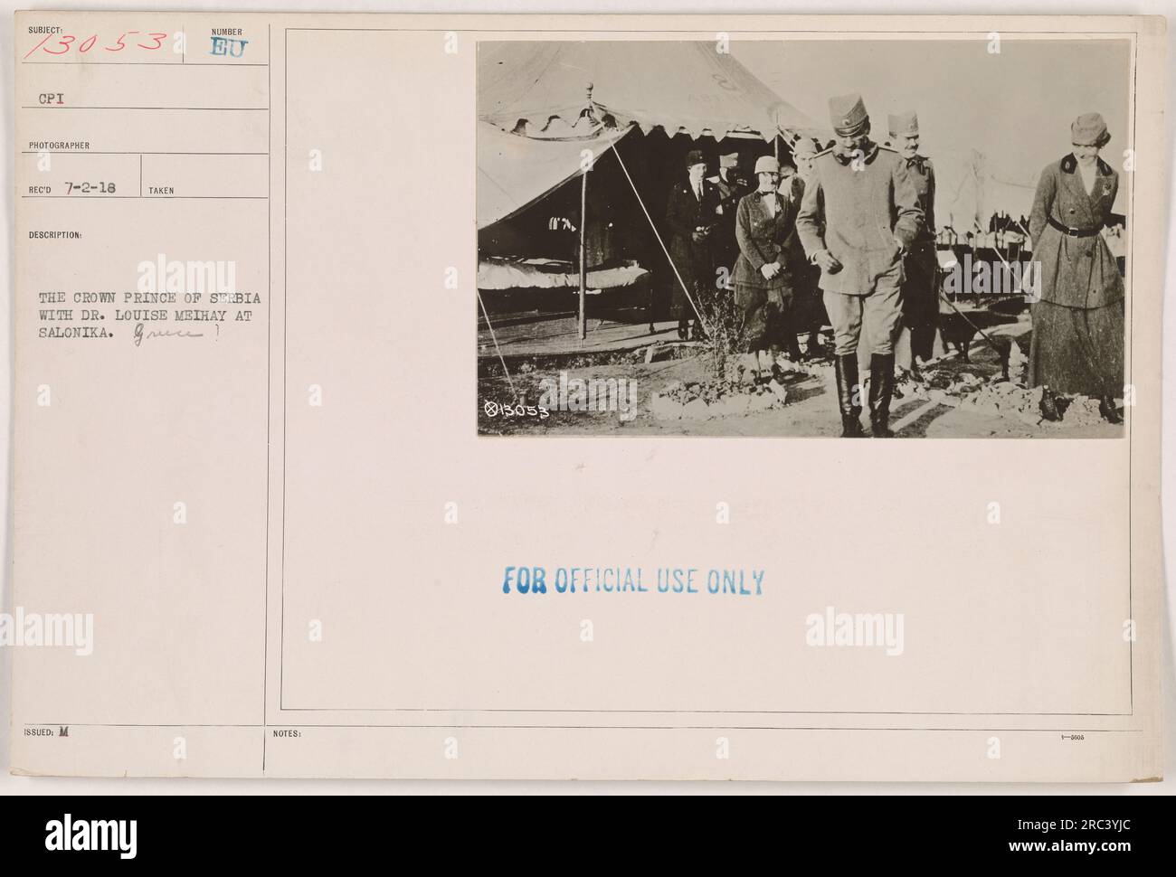 Crown Prince of Serbia with Dr. Louise Meihay in Salonika, Greece during World War One. (Note: Image taken by photographer Reco on July 2, 1918. Description number EU 013053. For official use only.) Stock Photo