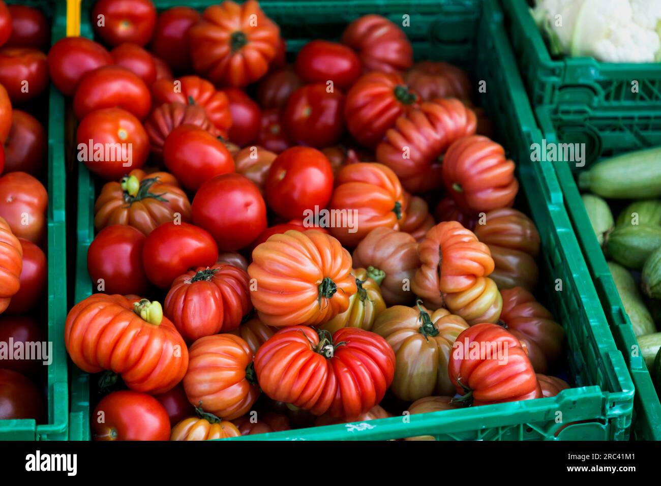 Pile of coeur du boef tomatoes in a green basket, local farmers market Stock Photo