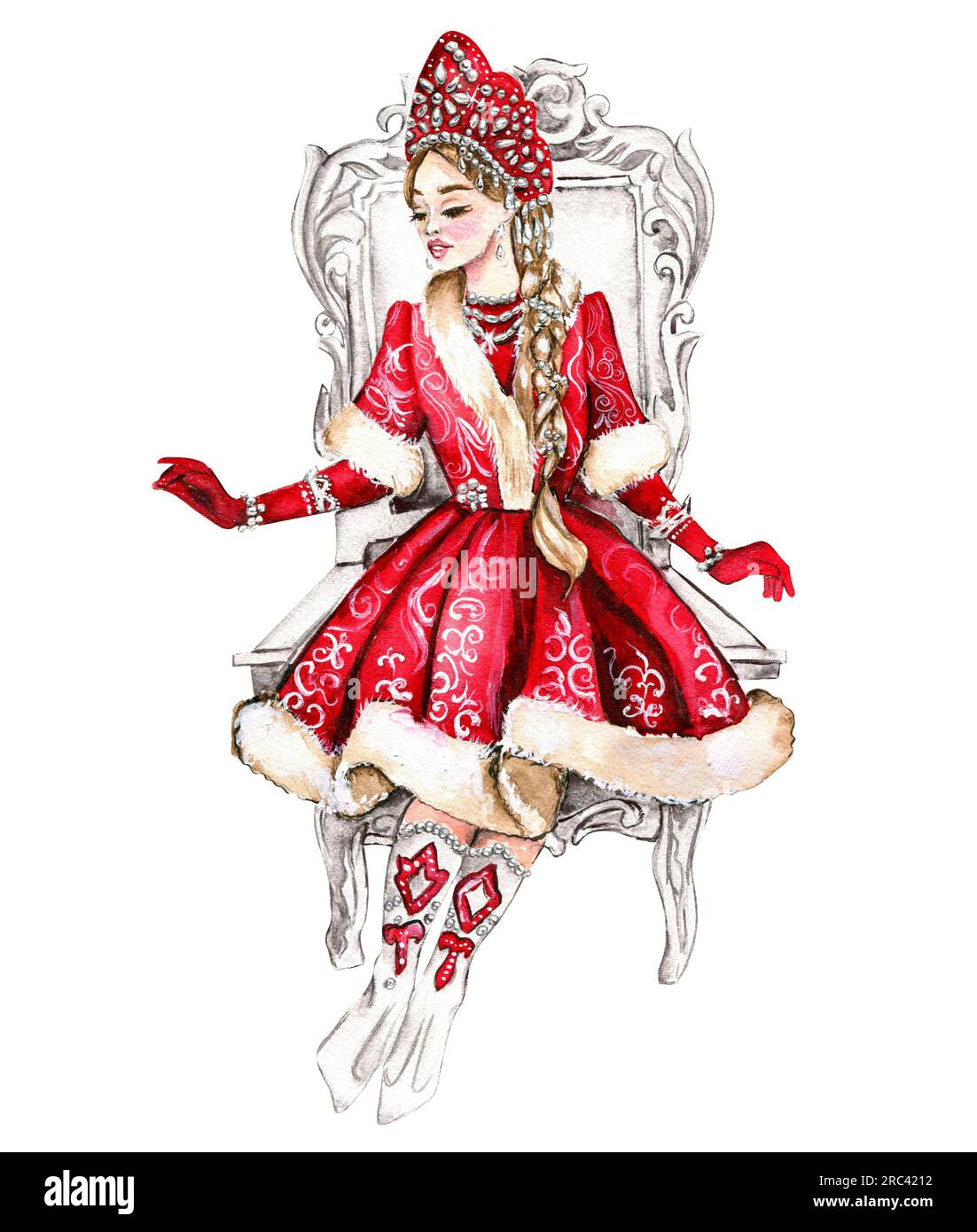 The Snow Maiden in a christmas dress. Watercolor illustration. Snow Maiden,  fabulous winter Russian girl, Cute granddaughter of Russian Santa Claus  Stock Photo - Alamy