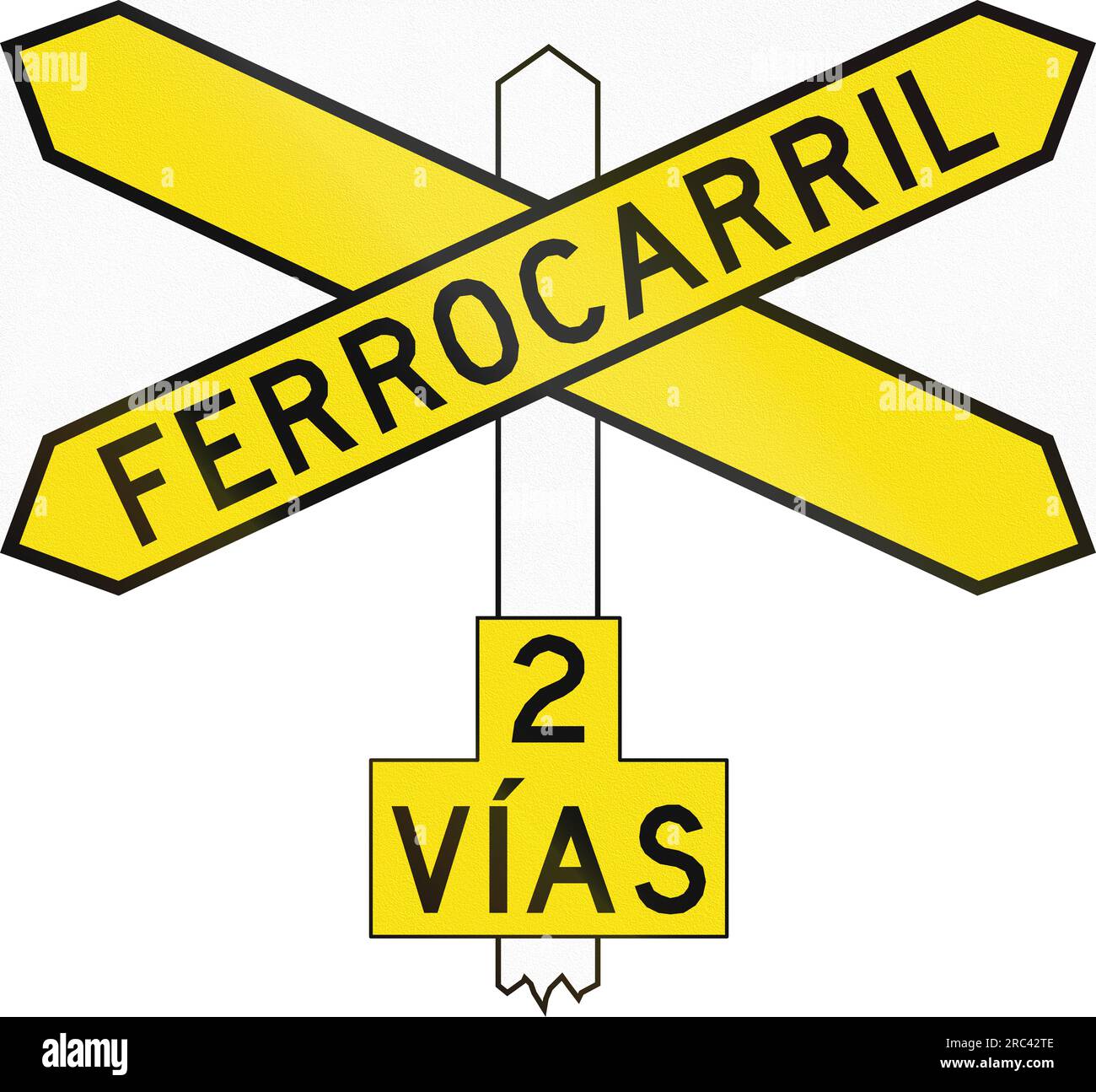 Warning road sign in Chile: Railway crossing with two tracks