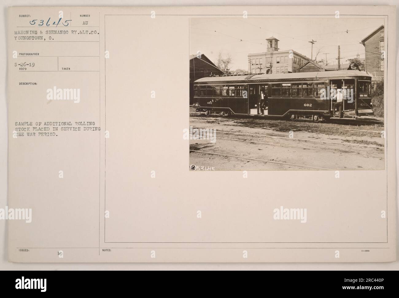 Image depicting a sample of additional rolling stock put into service by the Mahoning & Shenango Railway in Youngstown, Ohio during World War I. Photograph taken on May 26, 1919. Photographer: McAU. Issue number: 602. Stock Photo