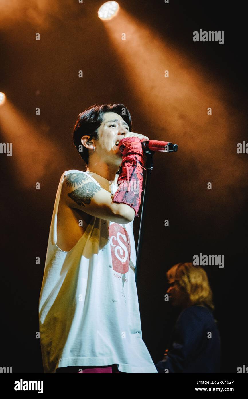 Zurich, Switzerland. 11th July, 2023. The Japanese rock band One Ok Rock performs a live concert at X-tra in Zurich. Here singer Takahiro Moriuchi is seen live on stage. (Photo Credit: Gonzales Zurich, Switzerland. 11th July, 2023. The Japanese rock band One Ok Rock performs a live concert at X-tra in Zurich. Here singer Takahiro Moriuchi is seen live on stage. (Photo Credit: Gonzales