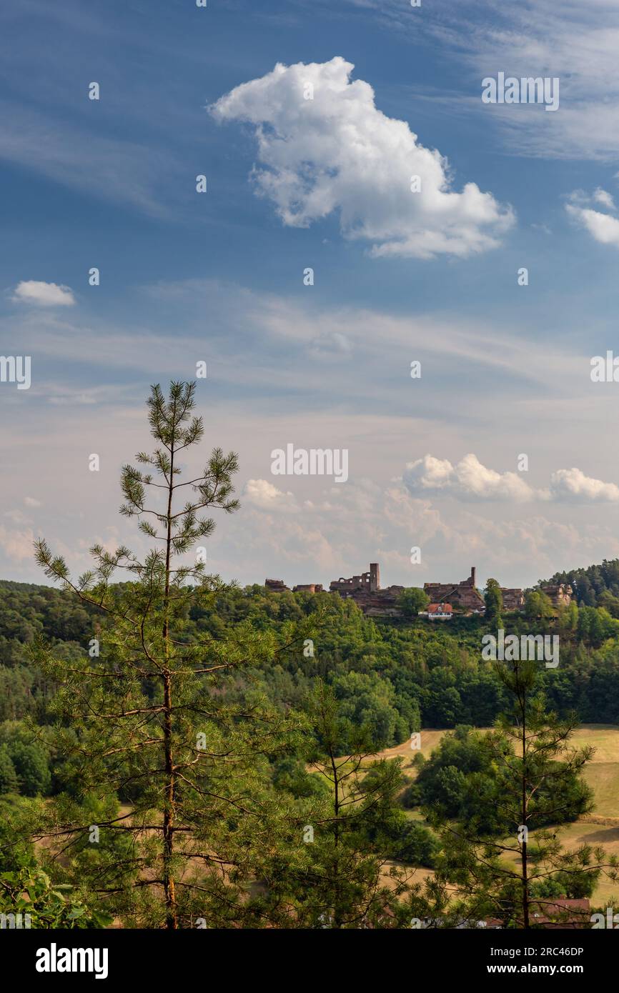 Distant View of Castle Altdahnt in Dahner Felsenland, Rhineland-Palatinate, Germany, Europe Stock Photo