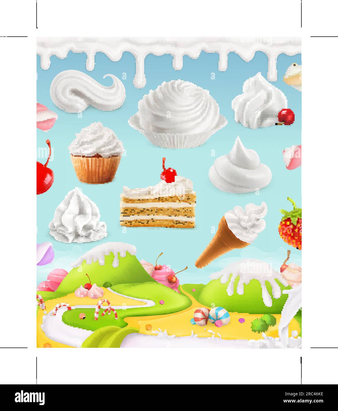 Whipped cream, milk, cream, ice cream, cake, cupcake, candy, mesh