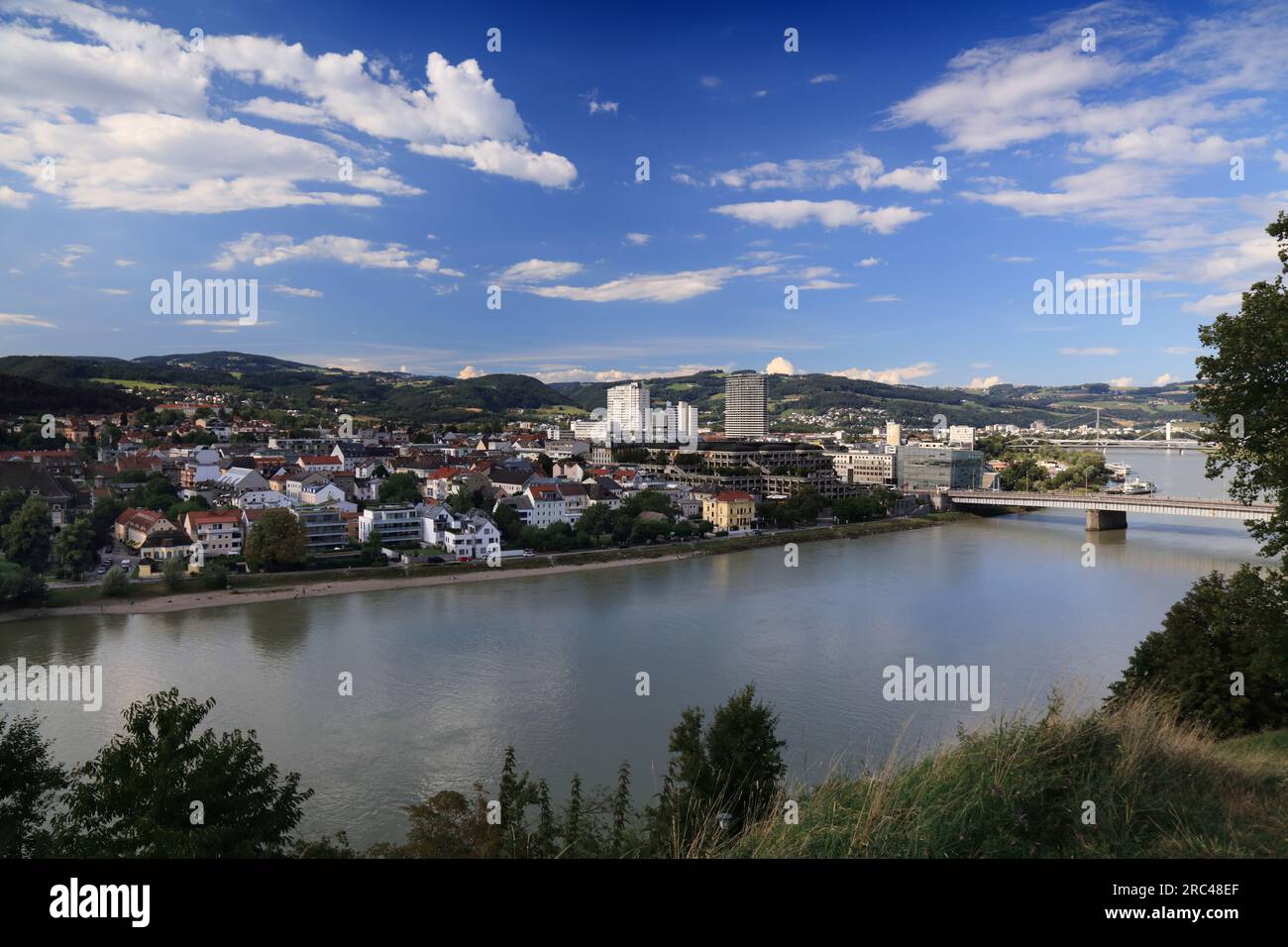 Linz city view in Austria. Danube river bridges and city skyline Stock ...