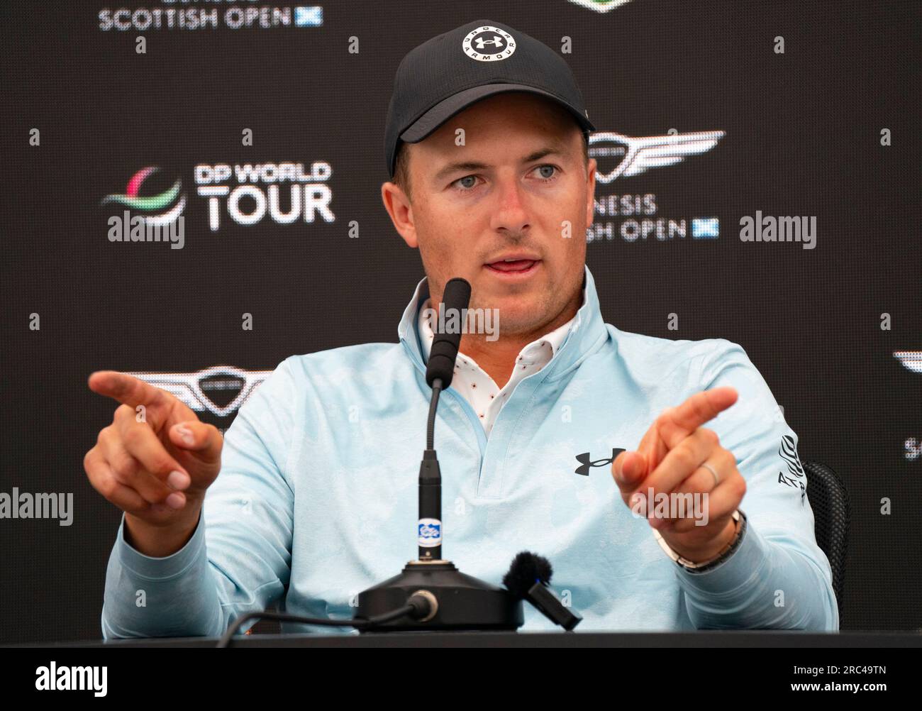 North Berwick, East Lothian, Scotland, UK. 12th July 2023. Jordan Spieth gives a press conference interview at the Genesis Scottish Open at the Renaissance Club in North Berwick.  Iain Masterton/Alamy Live News Stock Photo