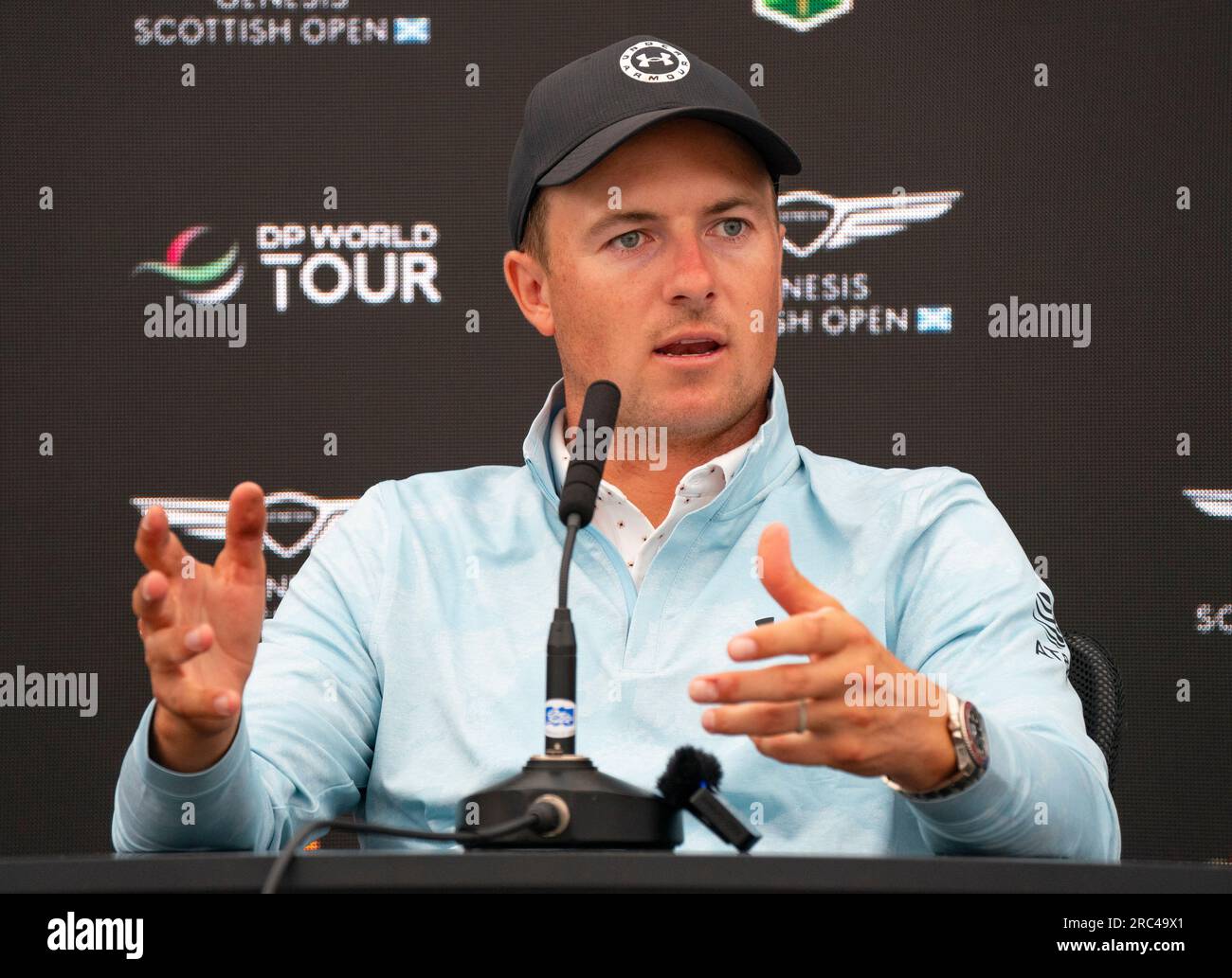 North Berwick, East Lothian, Scotland, UK. 12th July 2023. Jordan Spieth gives a press conference interview at the Genesis Scottish Open at the Renaissance Club in North Berwick.  Iain Masterton/Alamy Live News Stock Photo