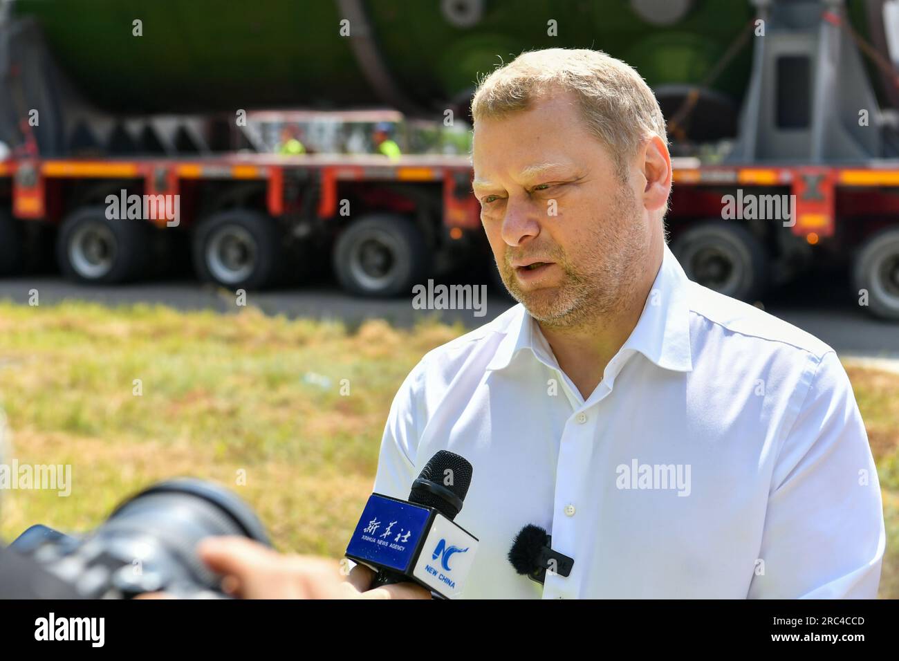 Volgodonsk, Russia. 11th July, 2023. Igor Kotov, general director of Atomenergomash, speaks during an interview with Xinhua in Volgodonsk, Russia, July 11, 2023. Key equipment for the third power unit of Xudapu Nuclear Power Plant (NPP), one of the largest China-Russia nuclear energy cooperation projects, started shipping to China from Volgodonsk in Russia's Rostov region on Tuesday.TO GO WITH 'Russia shipping key equipment for nuclear power plant in northeast China' Credit: Cao Yang/Xinhua/Alamy Live News Stock Photo