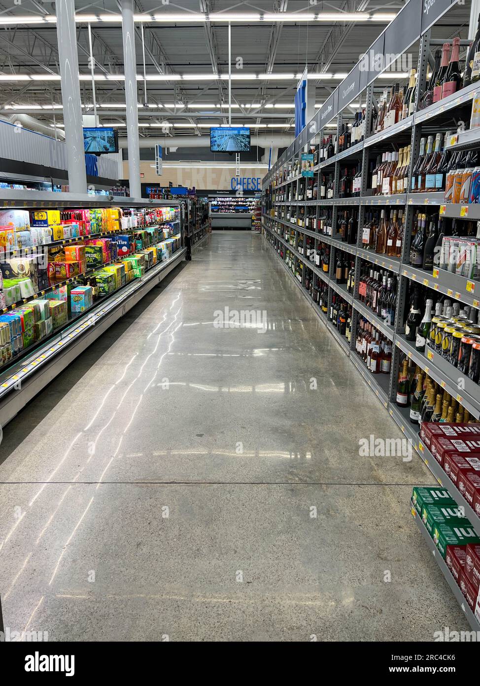 Norfolk, NE USA - May 12, 2023:  The Champagne and wine aisle at a Walmart Store with no people. Stock Photo