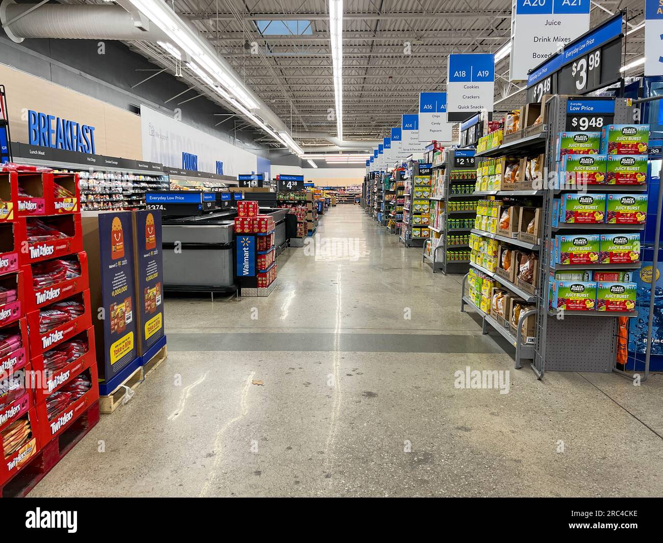 Norfolk, NE USA - May 12, 2023: A grocery store  aisle  at a Walmart Store with no people. Stock Photo