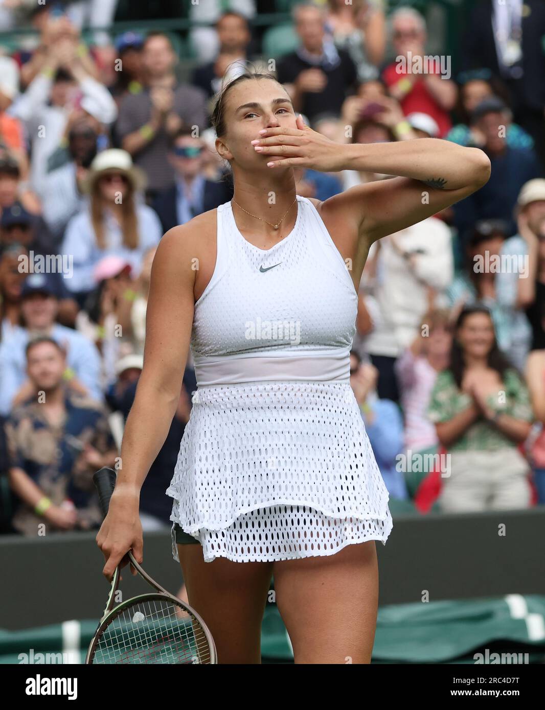 London, UK. 12th July, 2023. Belarussian Arnya Sabalenka celebrates victory in her Women's Quarter-Final match against American Madison Keys at the 2023 Wimbledon championships in London on Wednesday, July 12, 2023. Photo by Hugo Philpott/UPI Credit: UPI/Alamy Live News Stock Photo