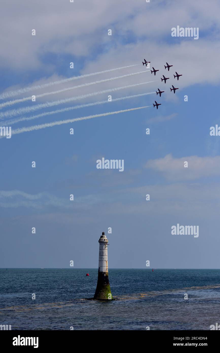 The Red Arrows displaying over the Phillip Lucette Beacon at Shaldon