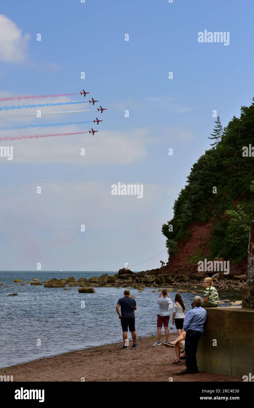 The Red Arrows displaying at the Teignmouth airshow 2023, seen from