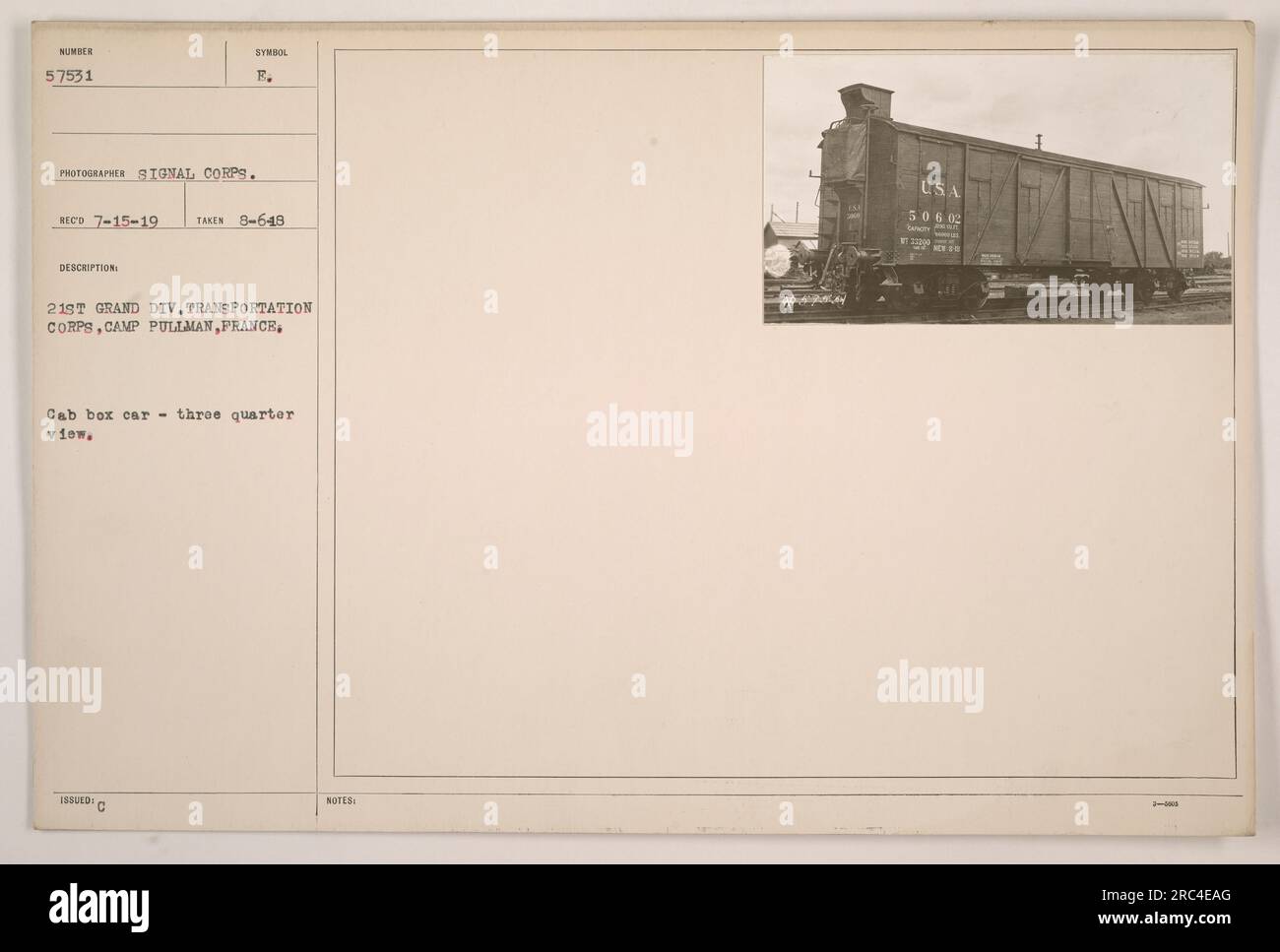 A cab box car belonging to the 21st Grand Div. Transportation Corps at Camp Pullman, France during World War One. The car is seen in three-quarter view and bears the number 57531. The photo was taken by the Signal Corps on August 6, 1948. Further details include the description of the car and the note 'USA 5060.' Stock Photo