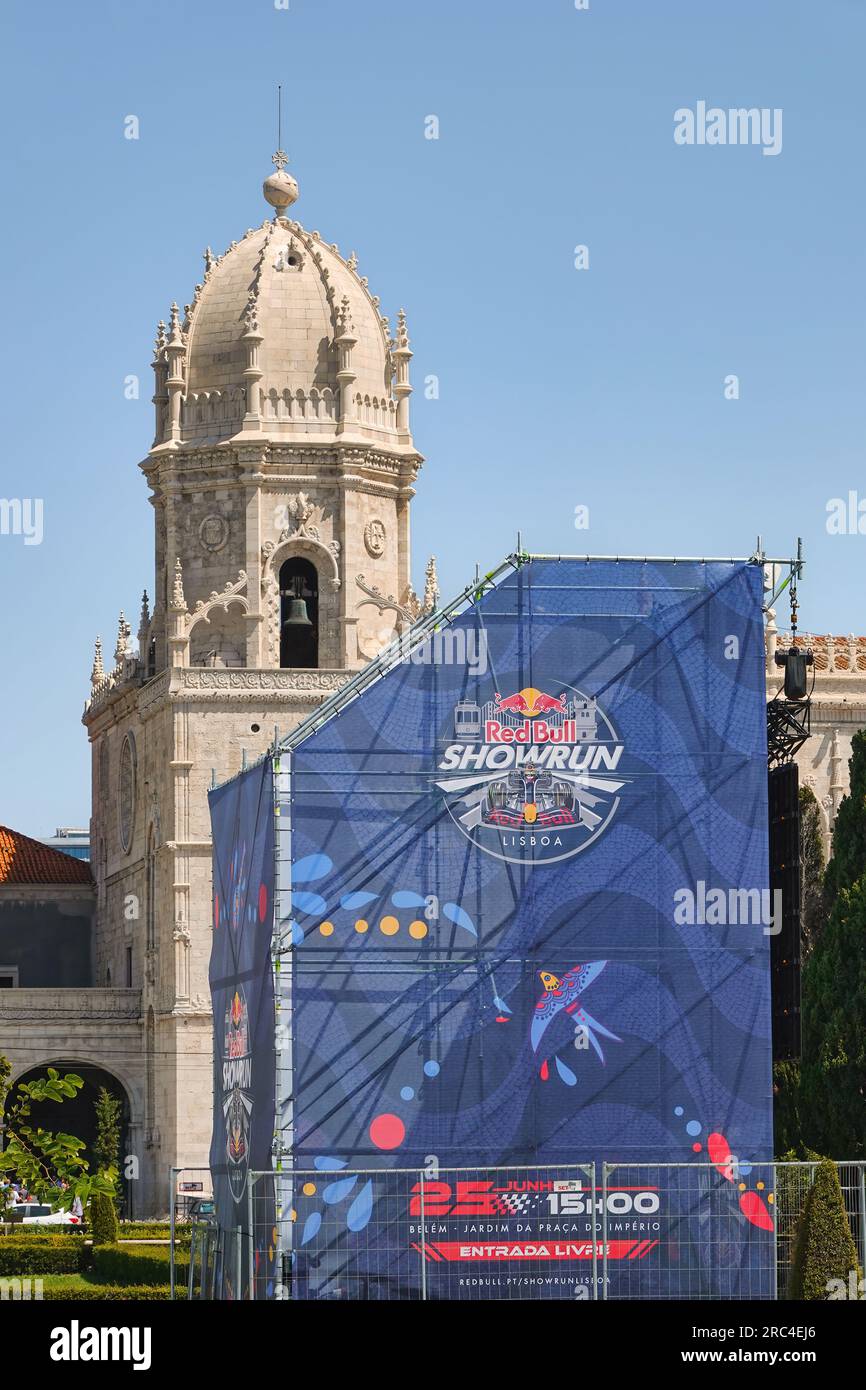 Red Bull Showrun Lisboa 2023. Formula 1 demonstration for motorsports fans in Belém, Lisbon, Portugal. In the background the Jerónimos Monastery. Stock Photo