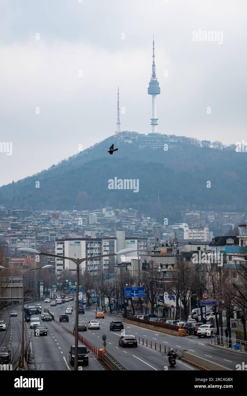 Seoul, South Korea 19 February 2023 View of N Seoul Tower from Noksapyeong Bridge, one of the