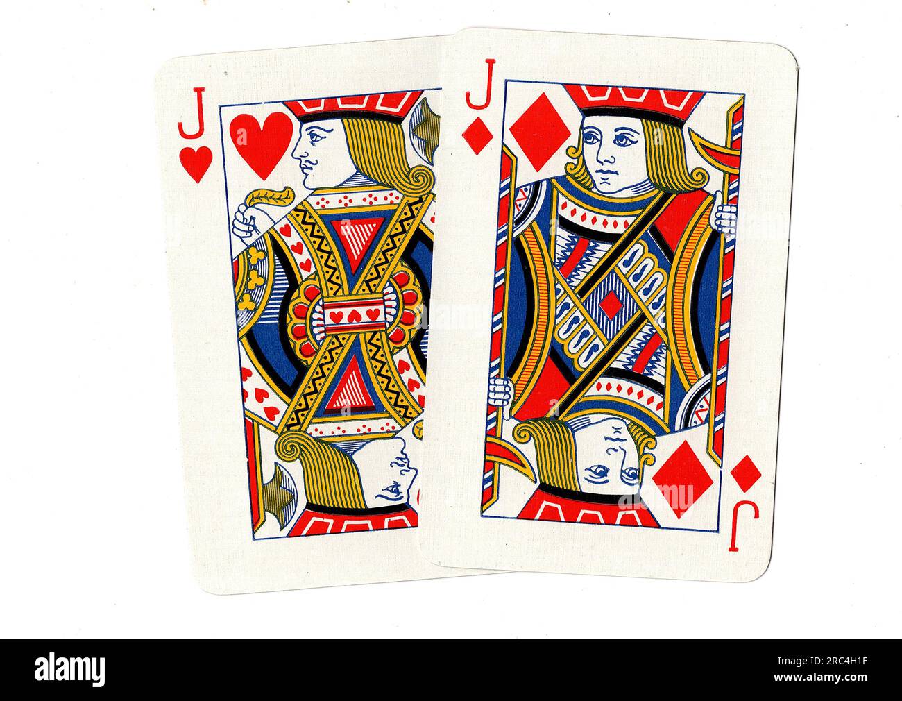 Vintage playing cards showing a pair of jacks on a white background