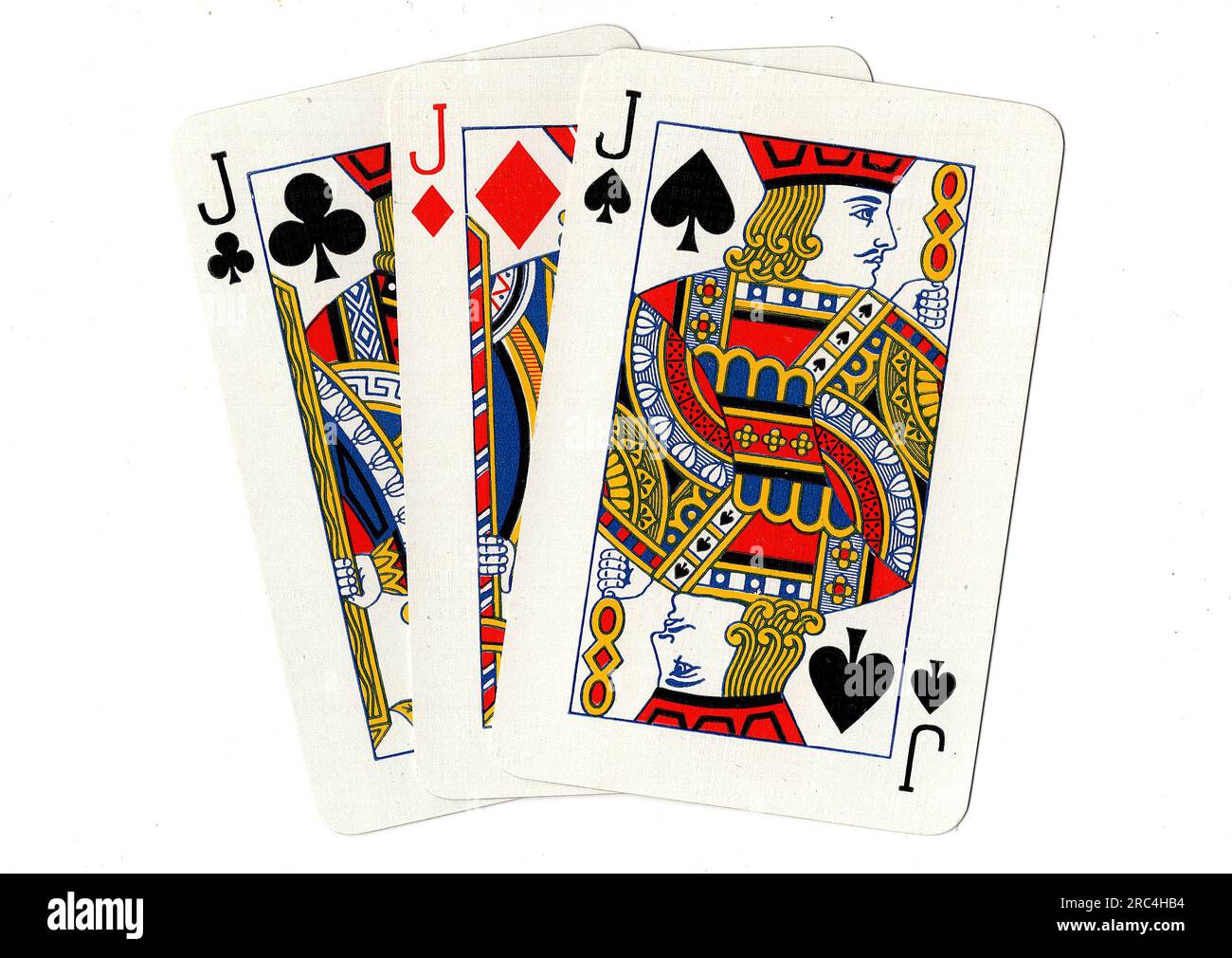 Vintage playing cards showing three jacks on a white background Stock