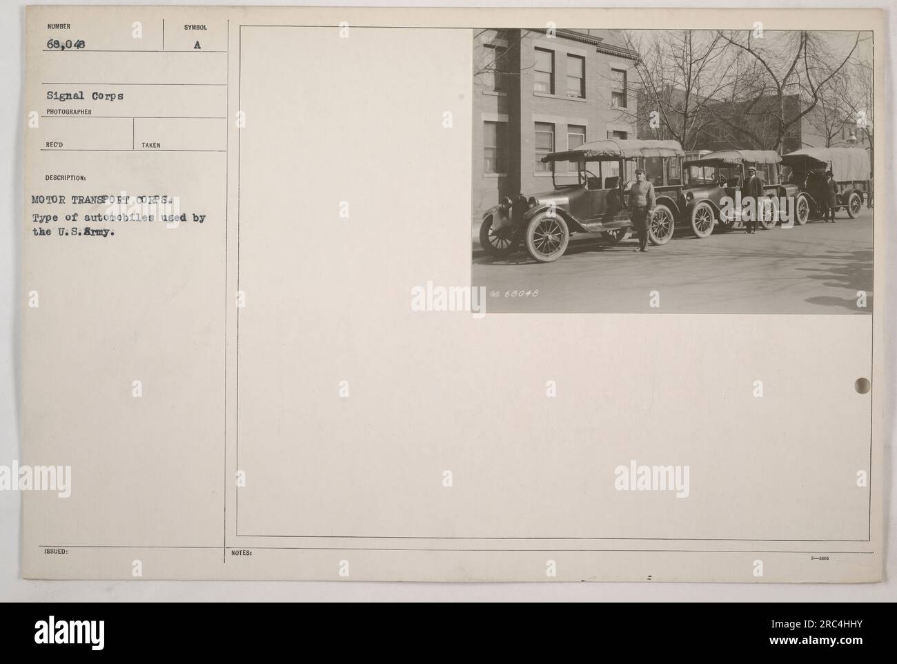 This photograph shows a fleet of automobiles used by the U.S Army's Motor Transport Corps during World War One. The exact number of vehicles captured in the image is unknown, however, it is noted that the Signal Corps received 68,048 automobiles. Stock Photo