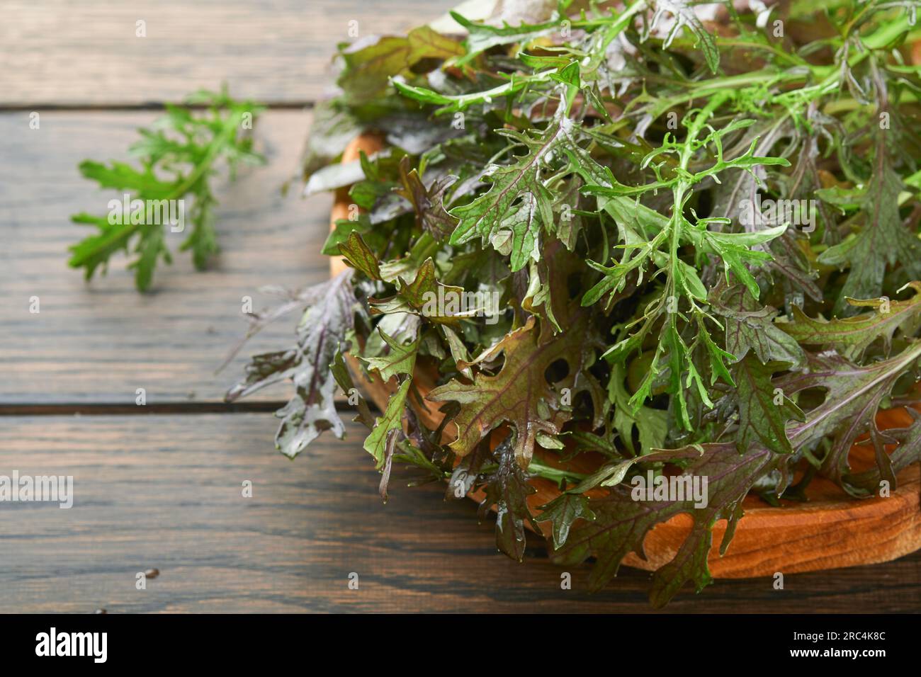 Arugula. Fresh leaves arugula salad on wooden bowl on old wooden table background. Arugula is source of vitamins and trace elements necessary for heal Stock Photo