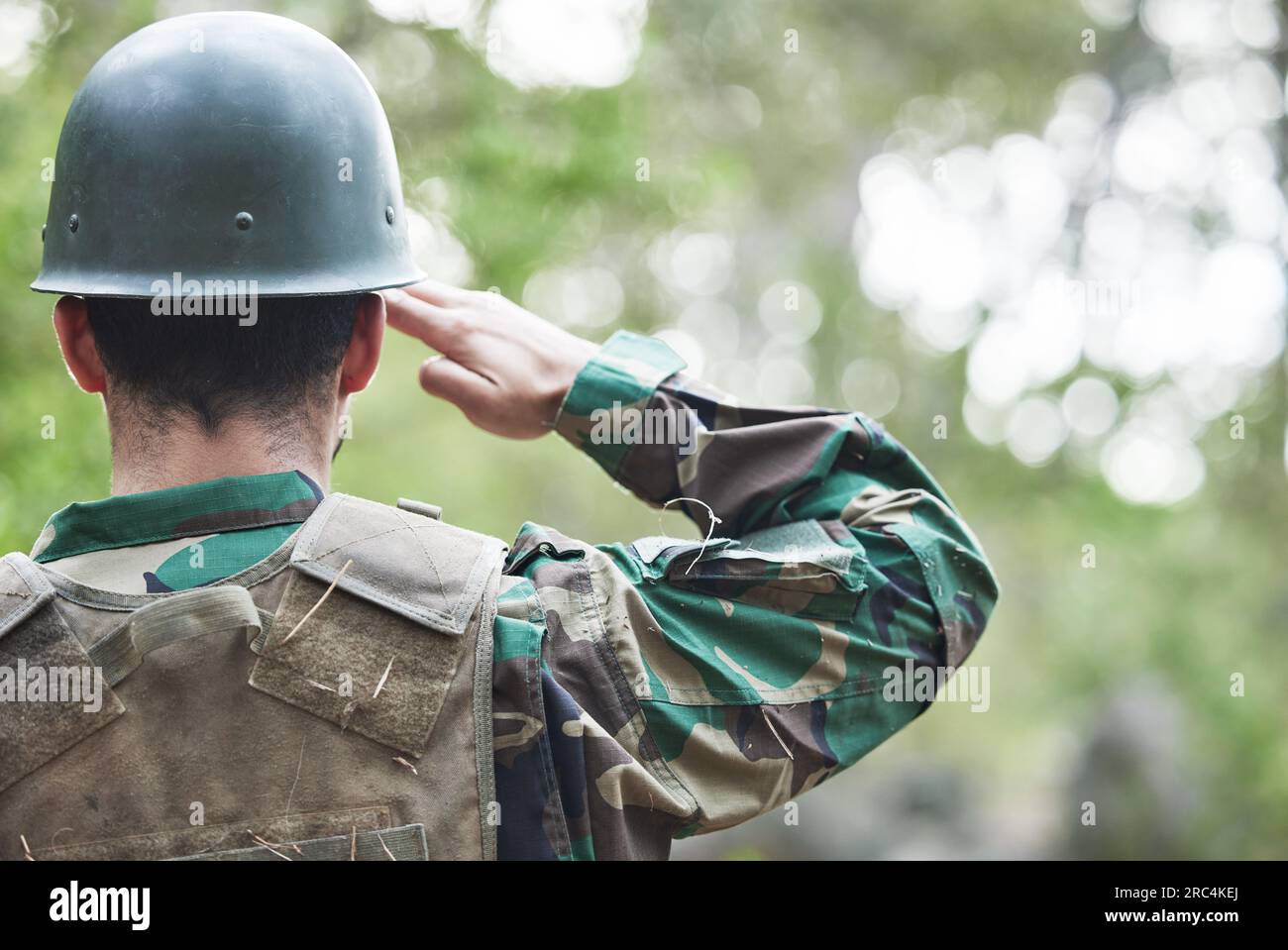 Army, man back and salute portrait in military of a veteran with security, protection and battle. Male person, soldier and field with surveillance Stock Photo