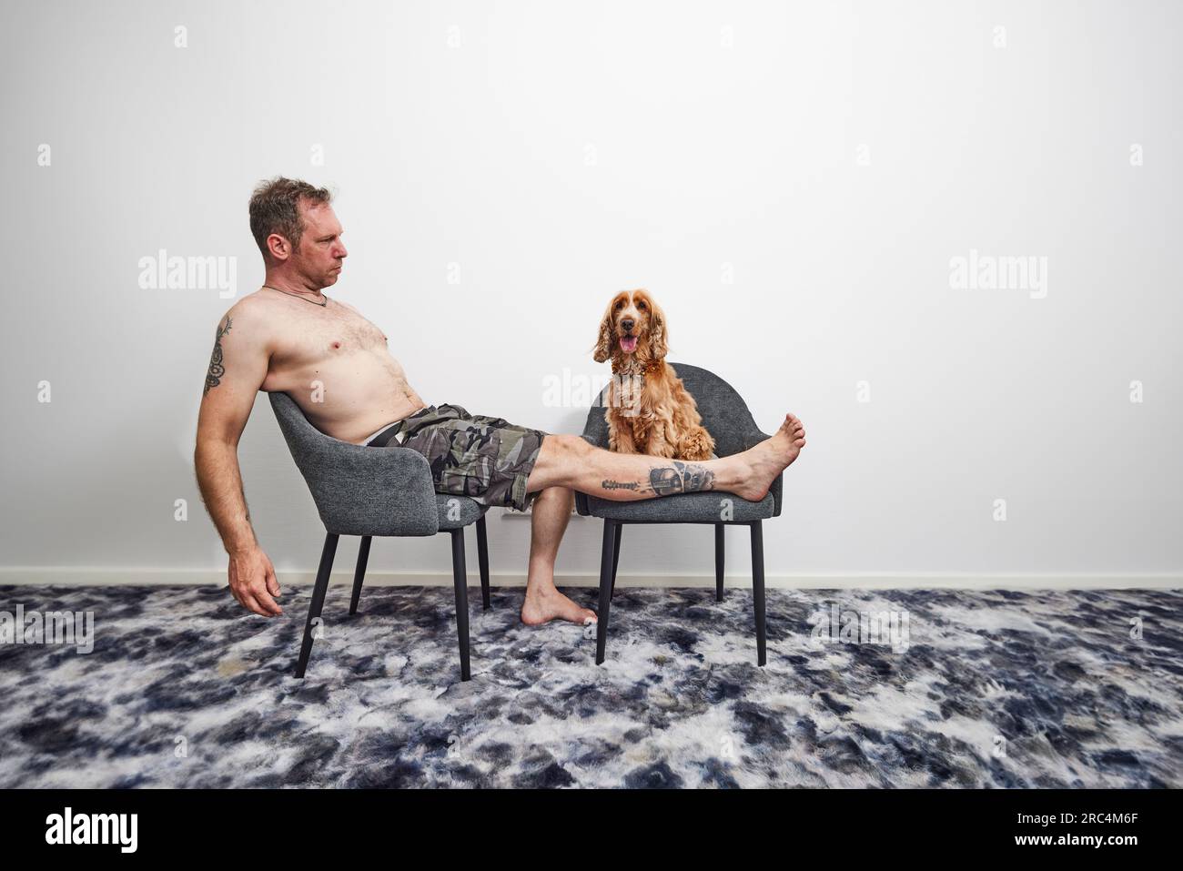 Man sitting on chair with cocker spaniel in summer Stock Photo