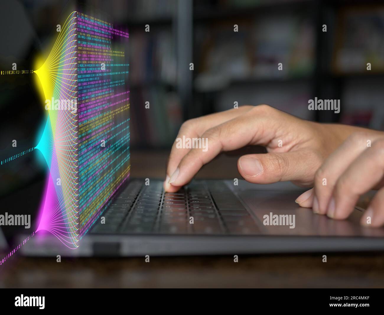 Big data and data science concepts. A man is computing, analysing and extracting complex statistic data set on a computer. Data mining technology, Bus Stock Photo