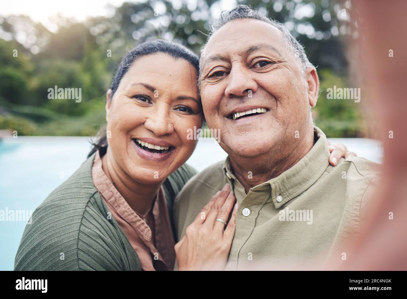 Face, selfie and funny elderly couple outdoor taking photo for happy memory, social media or profile picture. Portrait, smile and senior man and woman Stock Photo