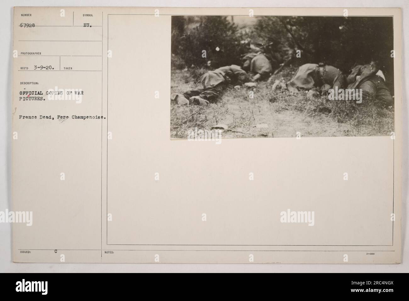 Image showing a group of French soldiers killed during the battle at Fere Champenoise. The photograph is an official copy of war pictures and was taken during World War One. It has been issued by the European Union. Stock Photo