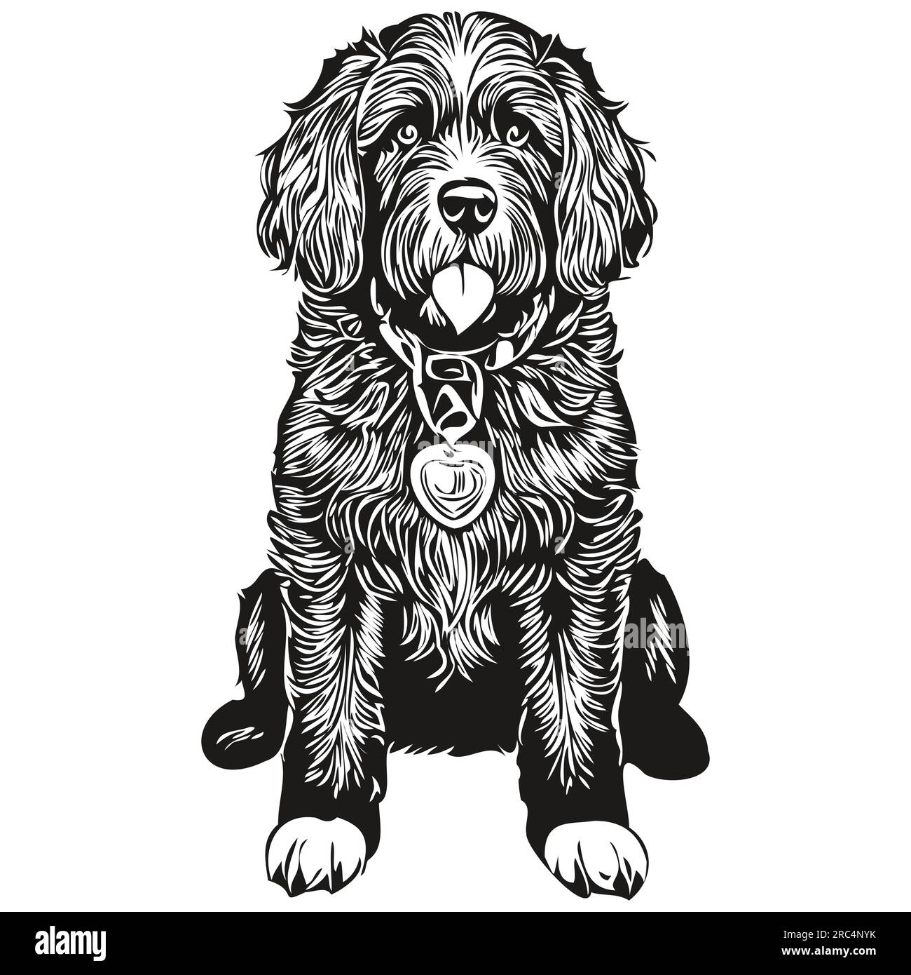Portuguese Water dog cartoon face ink portrait, black and white sketch
