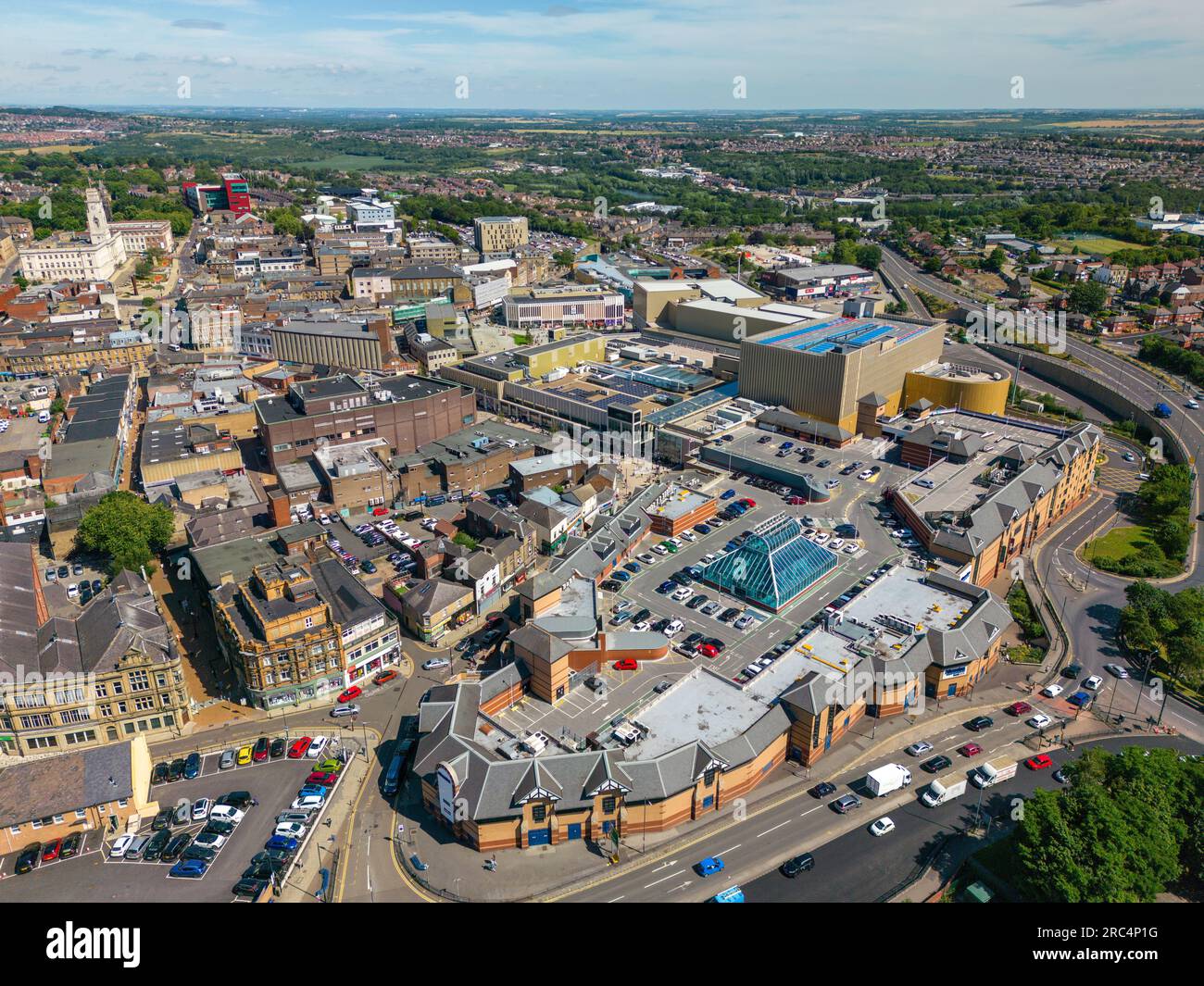 Aerial drone photo of the city centre of Barnsley in England. Stock Photo