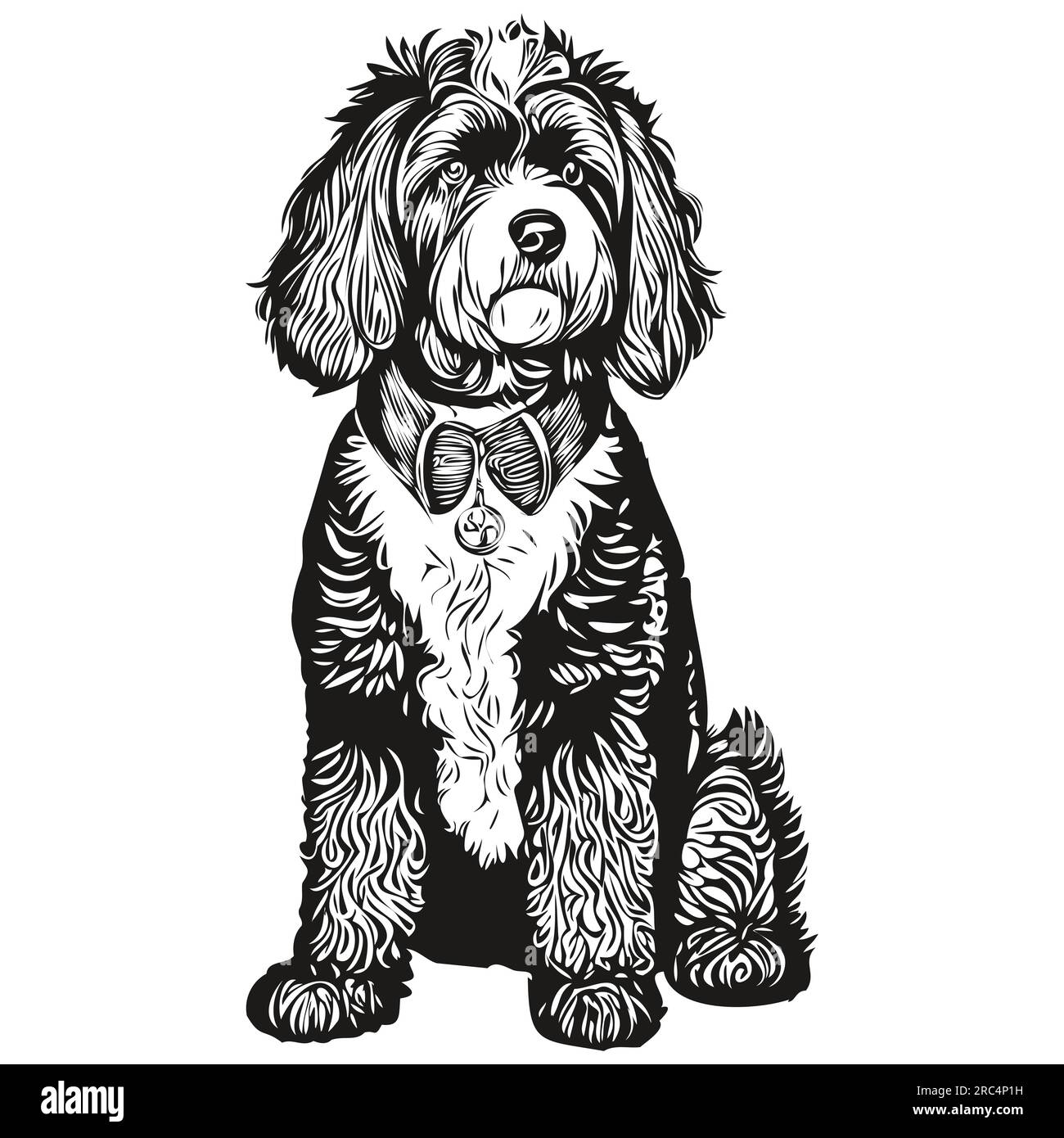 Portuguese Water dog hand drawn logo drawing black and white line art