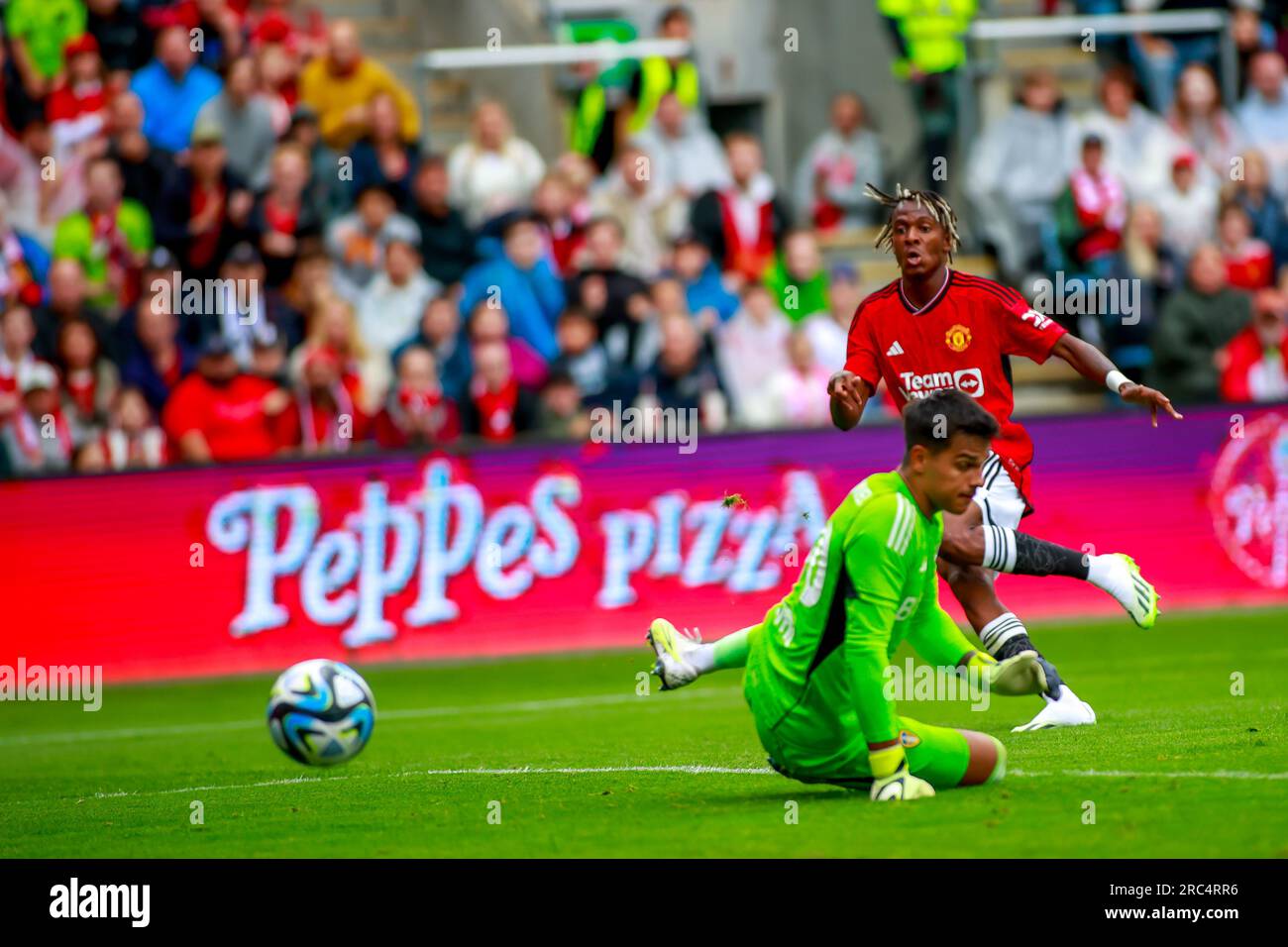 Oslo, Norway, 12th July 2023. Noam Emeran scores his side's first of the match in the match beween Manchester United and Leeds United at Ullevål Stadium in Oslo.   Credit: Frode Arnesen/Alamy Live News Stock Photo