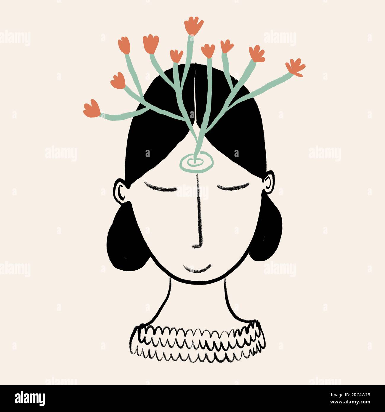 Vector flat style illustration of calm woman with dark hair, closed ...