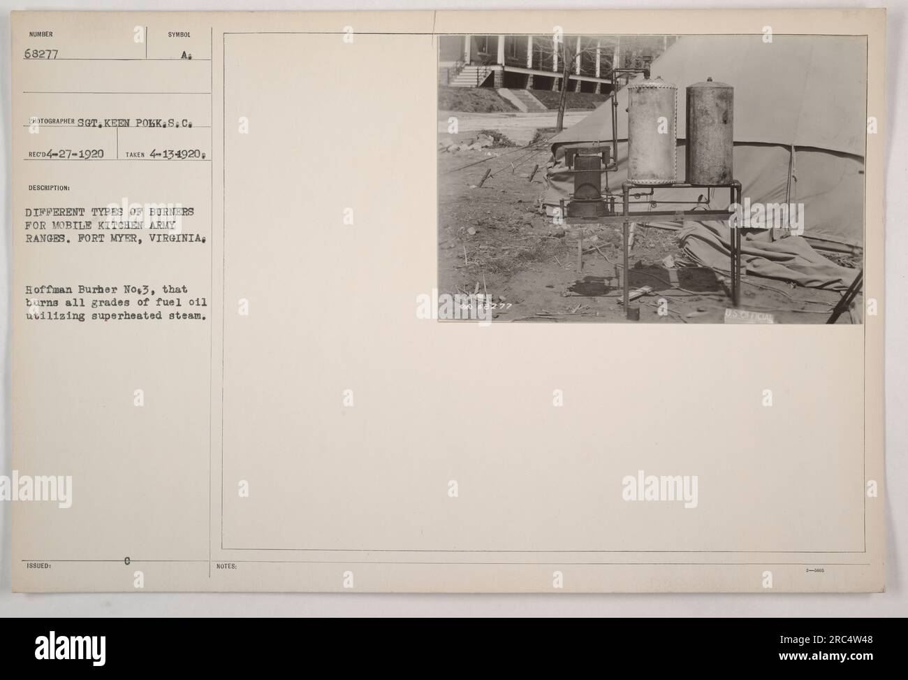 Different types of burners for mobile kitchen Army ranges at Fort Myer, Virginia. This photograph shows the Hoffman Burner No. 3, capable of burning all grades of fuel oil by utilizing superheated steam. The photo was taken on April 13, 1920, by Sergeant Keen Polk, and has the symbol number 68277. Stock Photo