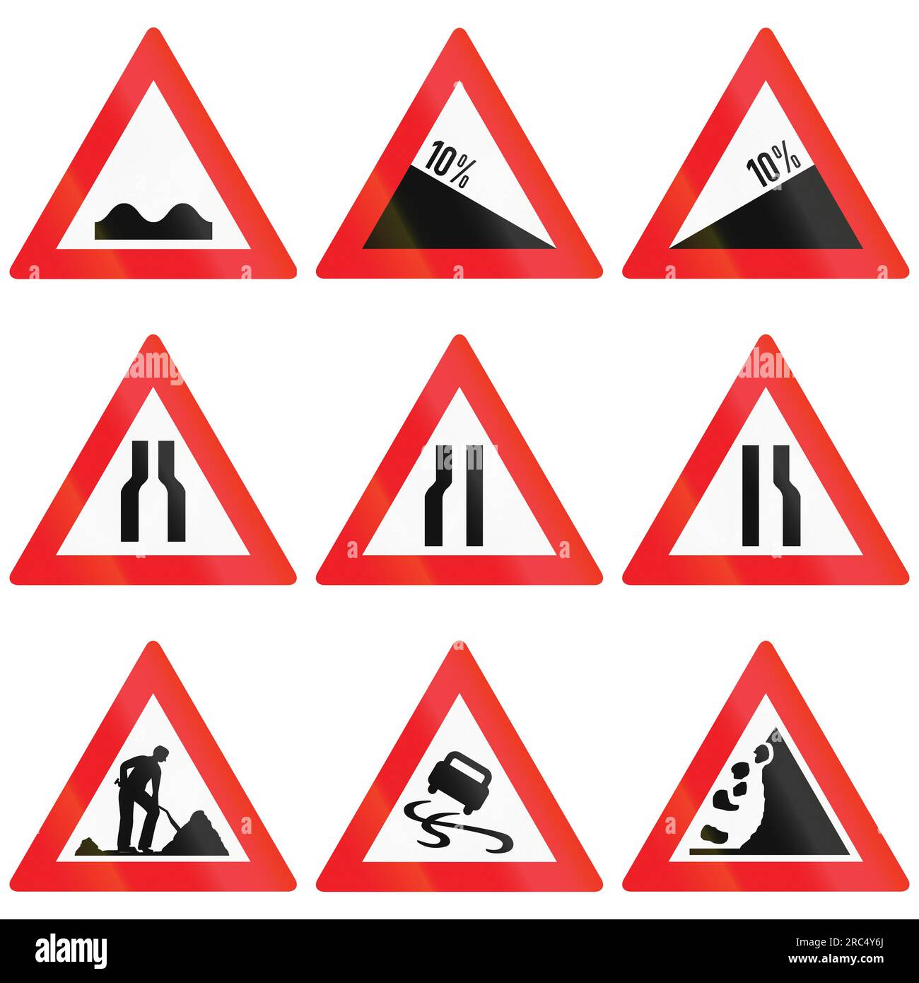Collection of Austrian Warning signs about road conditions, slope and