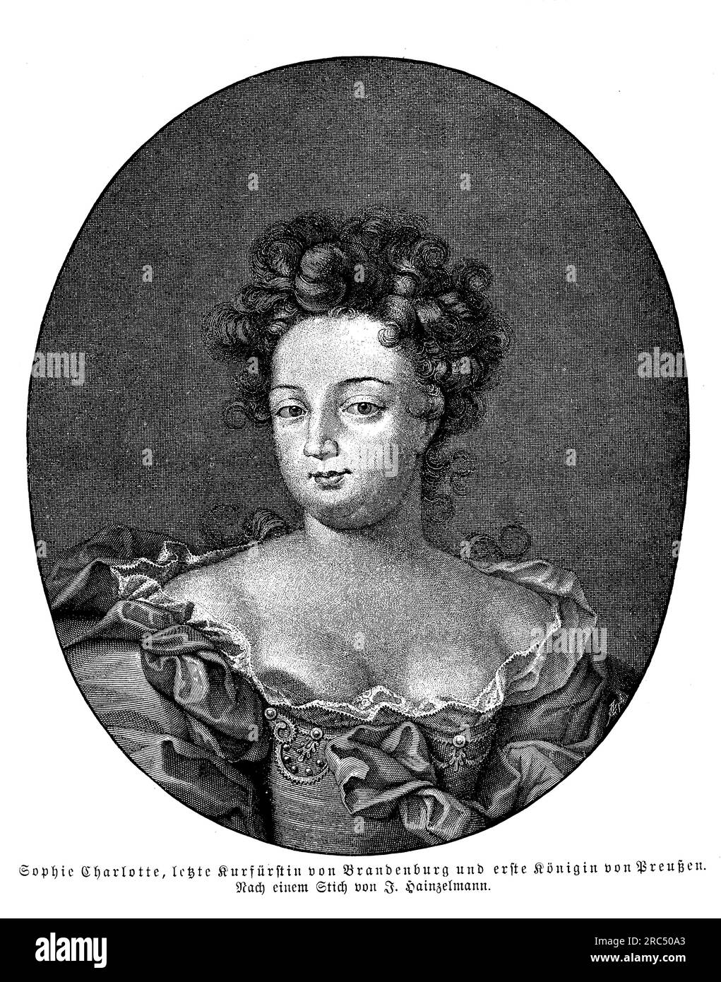 Portrait of Sophie Charlotte von Brandenburg  Prussian princess and the wife of King Frederick I of Prussia. She was born in 1668 and was the eldest daughter of Elector Frederick William of Brandenburg. Sophie Charlotte was known for her beauty, intelligence, and cultural interests, and she played a significant role in the development of the arts and sciences in Prussia during her lifetime. She was a patron of the philosopher Gottfried Wilhelm Leibniz and was responsible for the establishment of the Academy of Sciences in Berlin. She was also a prolific letter writer Stock Photo