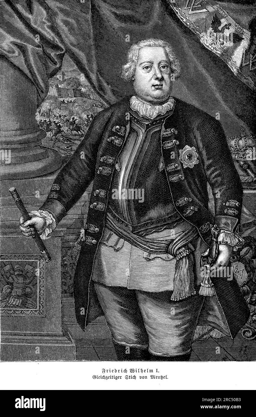 Portrait of Frederick William I  known as the 'Soldier King'  King in Prussia and Elector of Brandenburg from 1713 until his death in 1740, as well as Prince of Neuchâtel. Frederick William instituted major military reforms, and expanded the army to new limits. He also made efforts to reduce corruption in his state and centralized his authority. Stock Photo