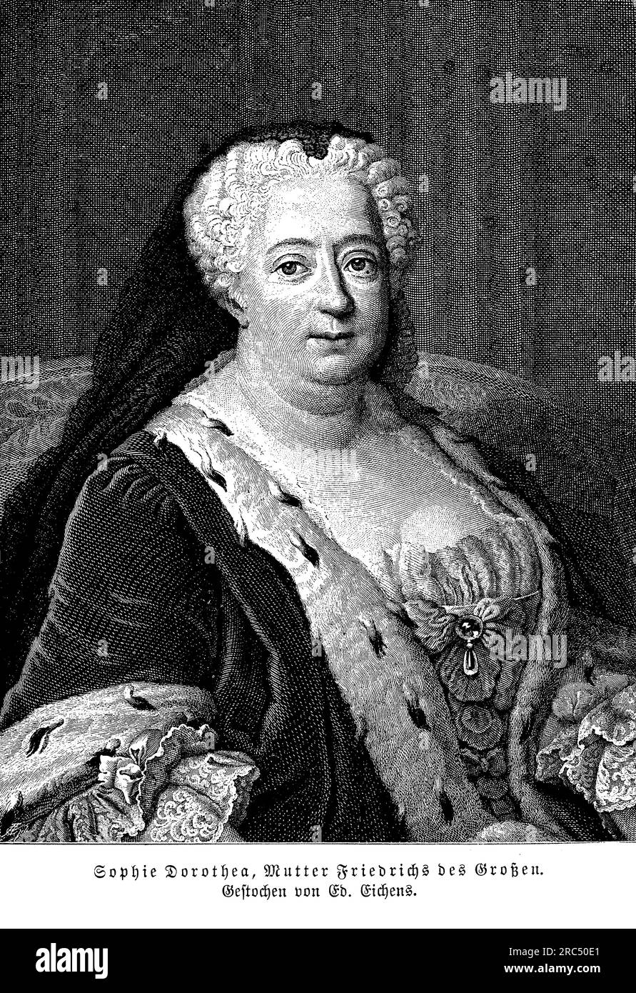 Portrait of Sophie Dorothea of Hanover wife of Friedrich Wilhelm I, the King in Prussia. She was the daughter of King George I of Great Britain and a prominent figure in Prussian court life. Sophie Dorothea played a significant role in shaping Prussian cultural and intellectual circles during her time. She was known for her intelligence, charm, and diplomatic skills, establishing connections with influential figures across Europe. Sophie Dorothea also had a profound influence on her son, Frederick the Great, encouraging his intellectual pursuits and supporting his ascension to the throne. Her Stock Photo